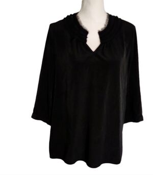CHICO’S Silklike BLOUSE  SZ 1 TOP DARK BLACK FRINGE TUNIC PULLOVER BUTTON CUFFS 